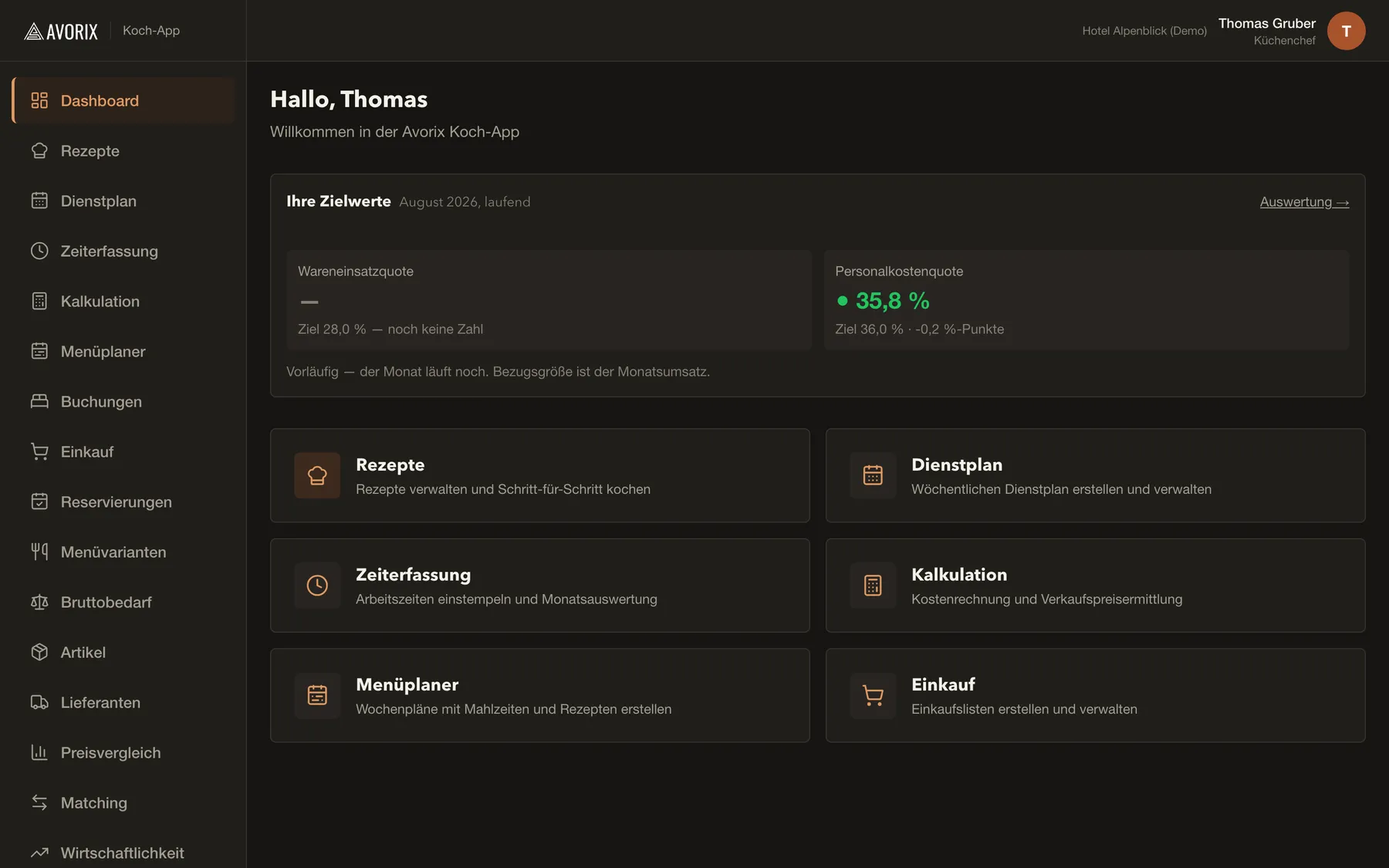 Screenshot der Avorix Koch-App: Dashboard mit den Modulen der Küchenverwaltung