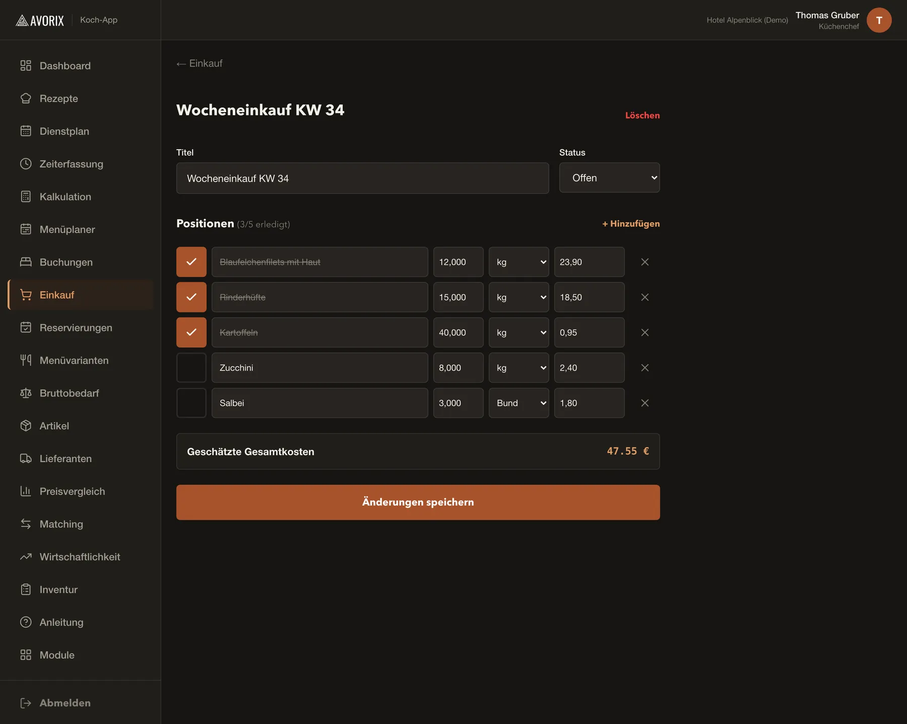 Screenshot der Avorix Koch-App: Einkaufsliste mit Mengen, Einheiten und Gesamtkosten