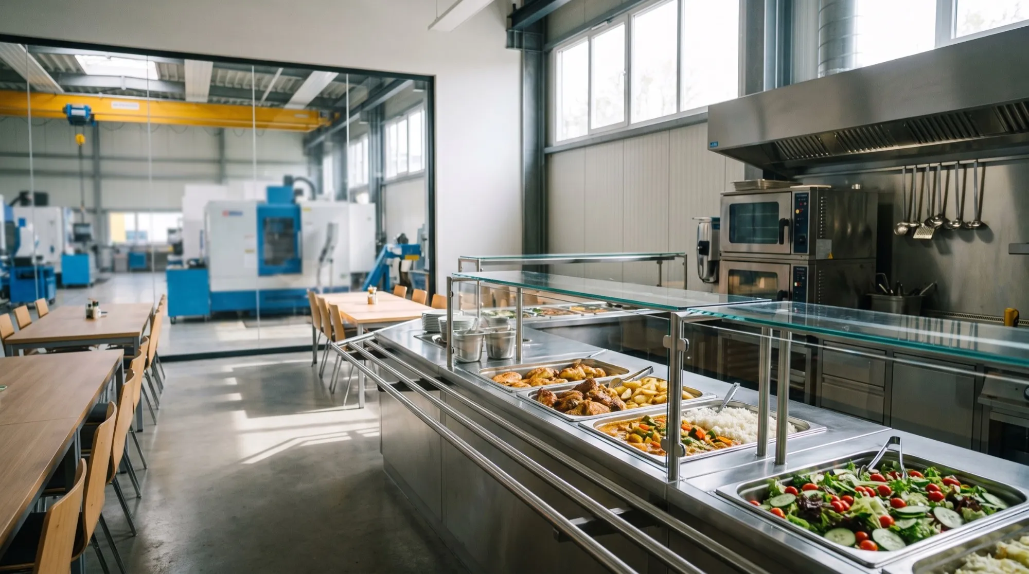 Ausgabe einer Betriebskantine mit zwei Linien, durch die Glaswand eine Werkshalle