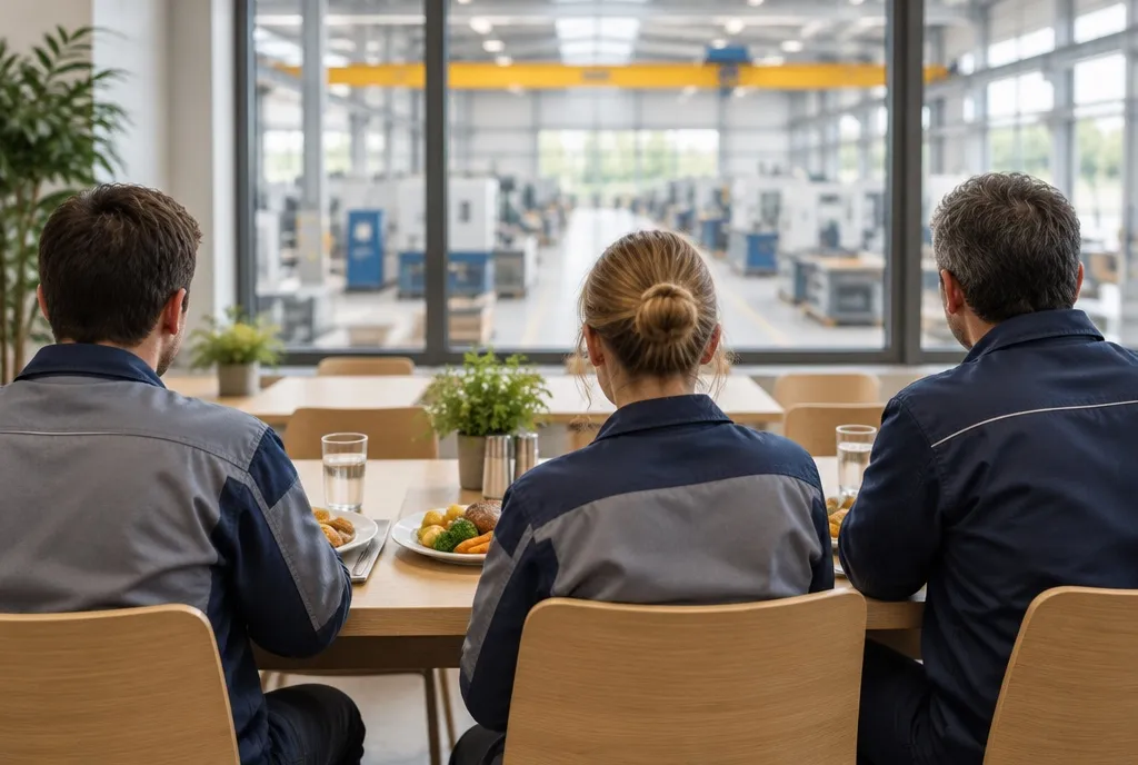 Beschäftigte beim Mittagessen in der Betriebskantine, Blick in die Werkshalle