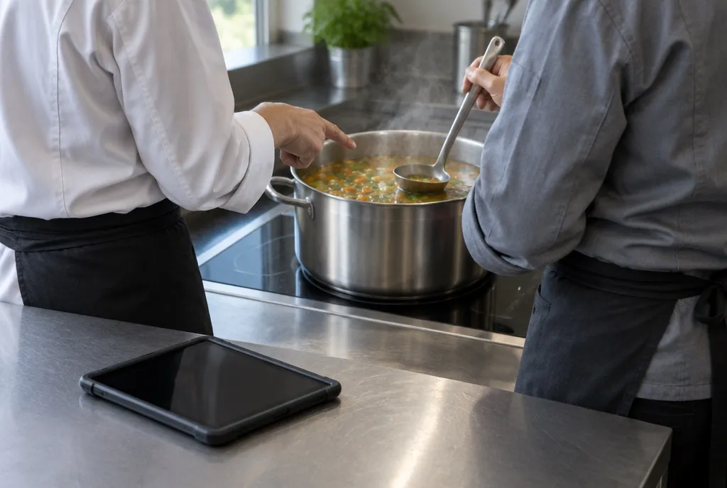 Zwei Köche am Herd, einer zeigt dem anderen einen Handgriff, daneben ein Tablet