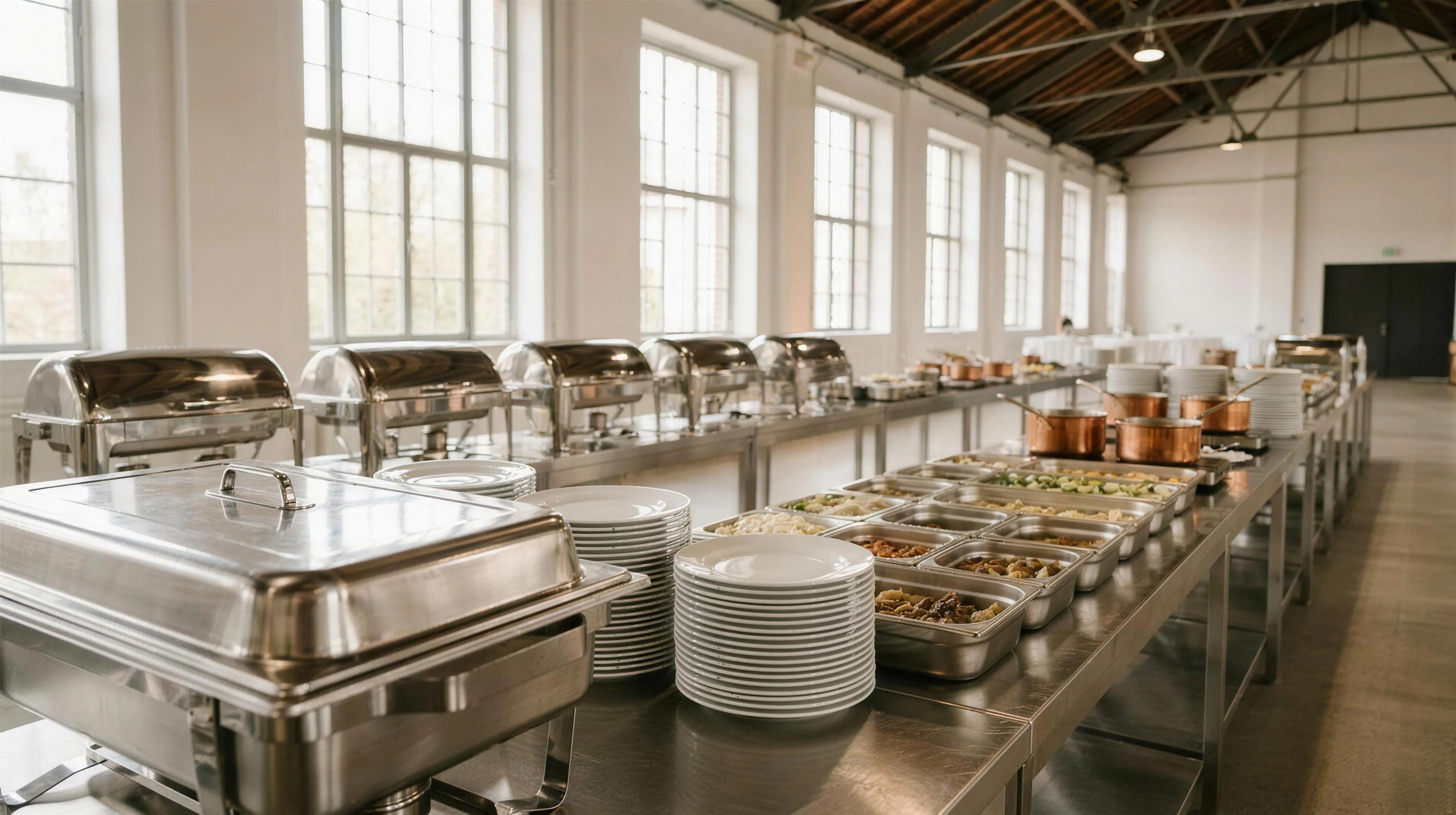 Aufgebaute Cateringstrecke mit Chafing-Dishes und gestapelten Tellern in einem hellen Veranstaltungssaal