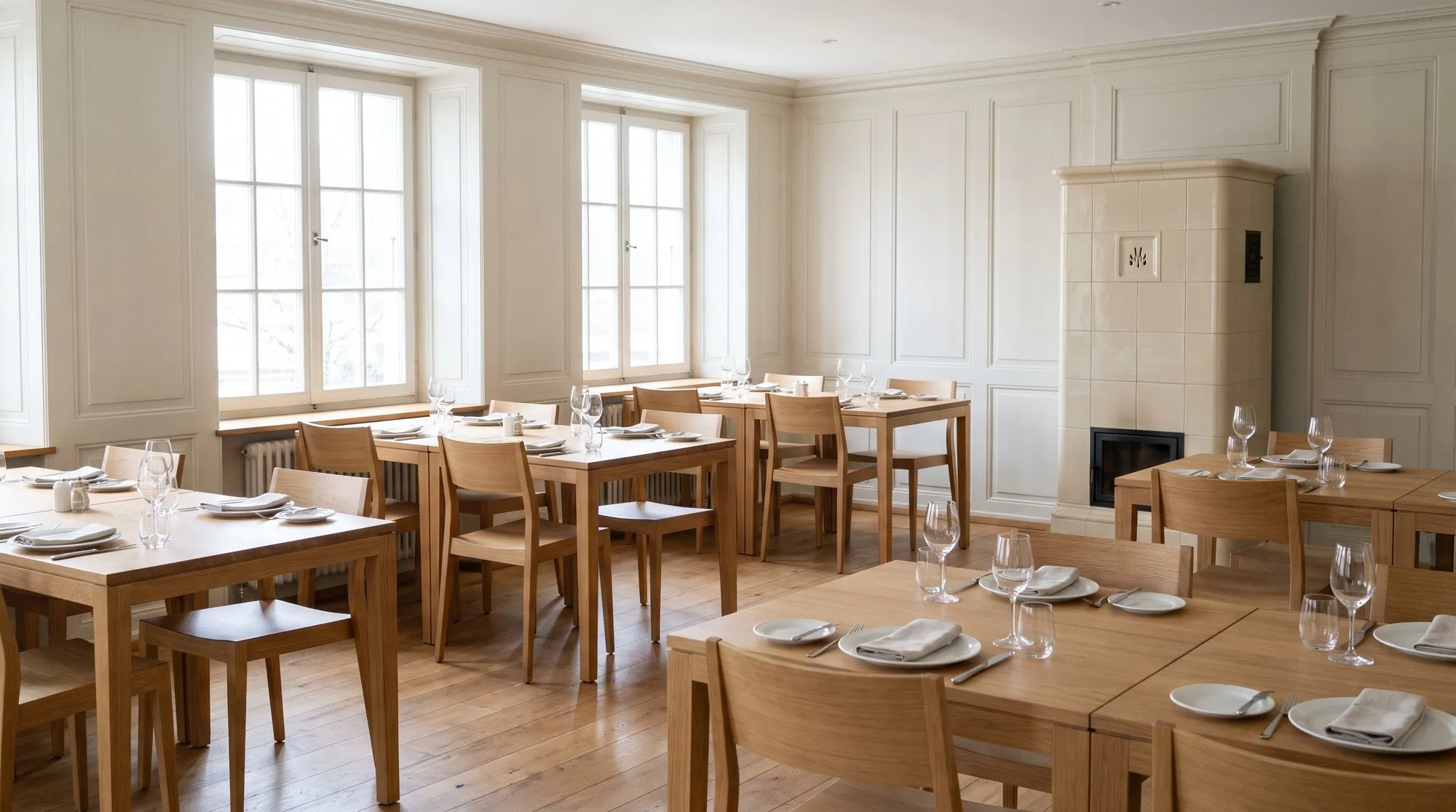 Heller, modern eingedeckter Gastraum eines Restaurants mit Holztischen, Weingläsern und Kachelofen