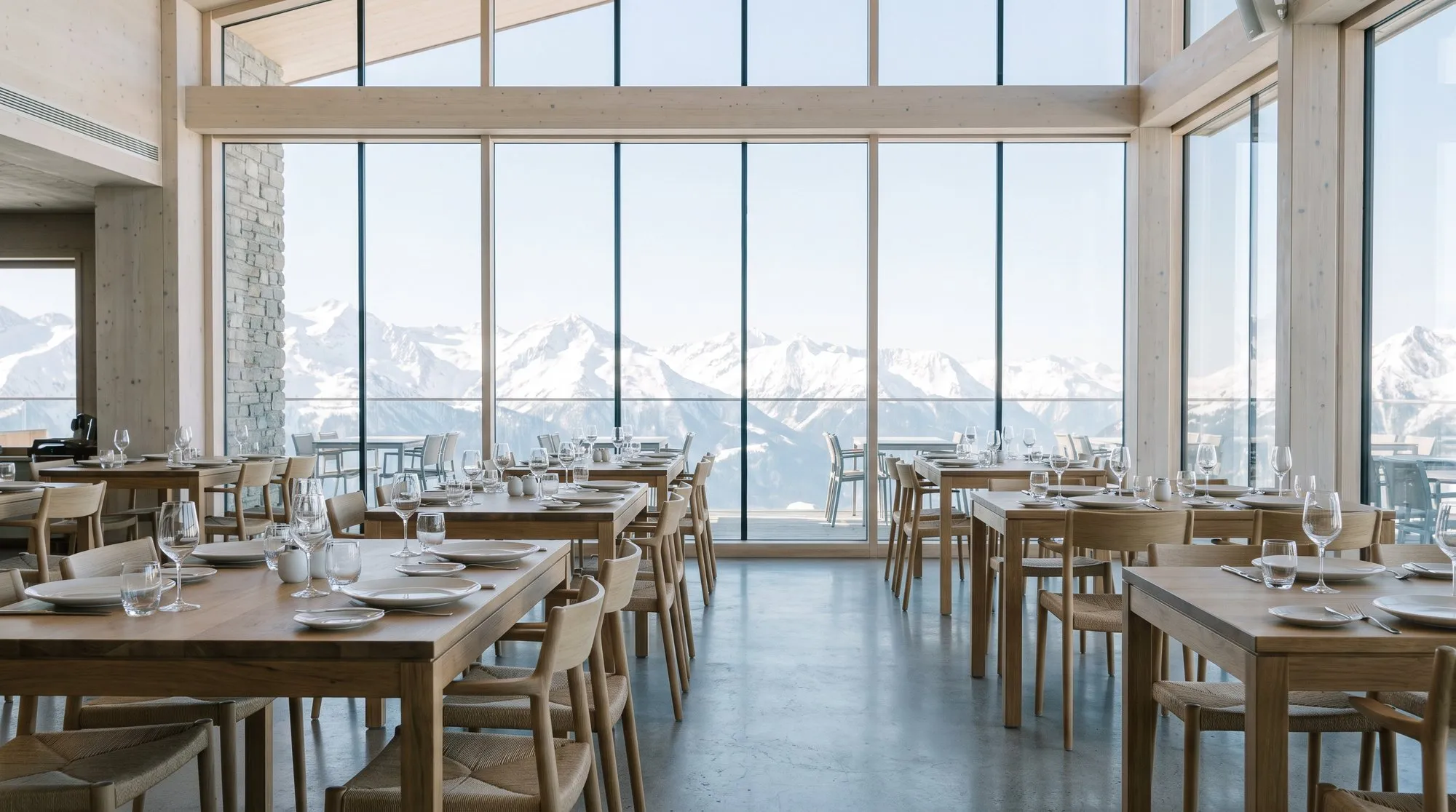 Moderner Speisesaal eines Sporthotels mit Bergpanorama