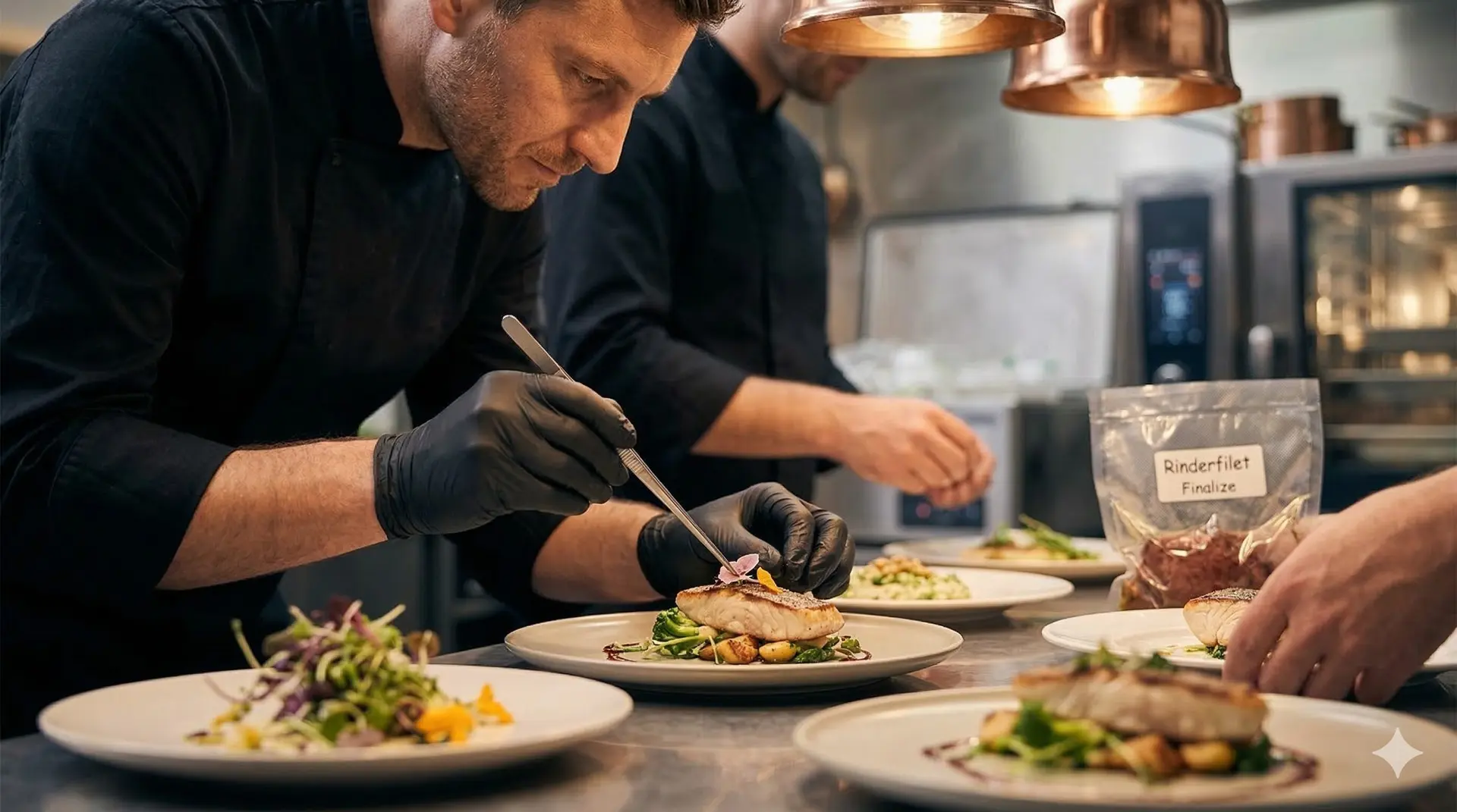 Professional kitchen with AI-assisted recipe management