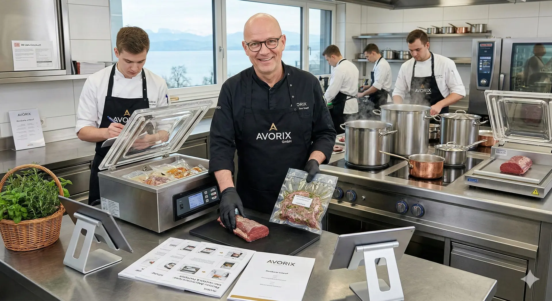 Avorix Koch-App in action — chef in Avorix branded jacket